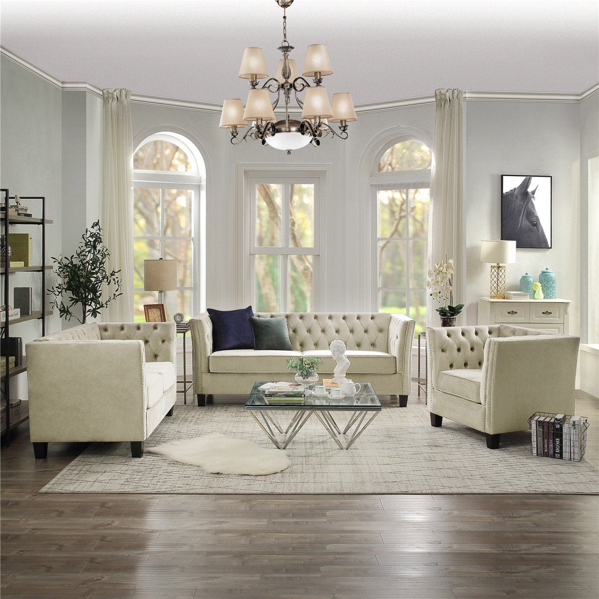 Tufted Living Room Sofa Set with Nailheads