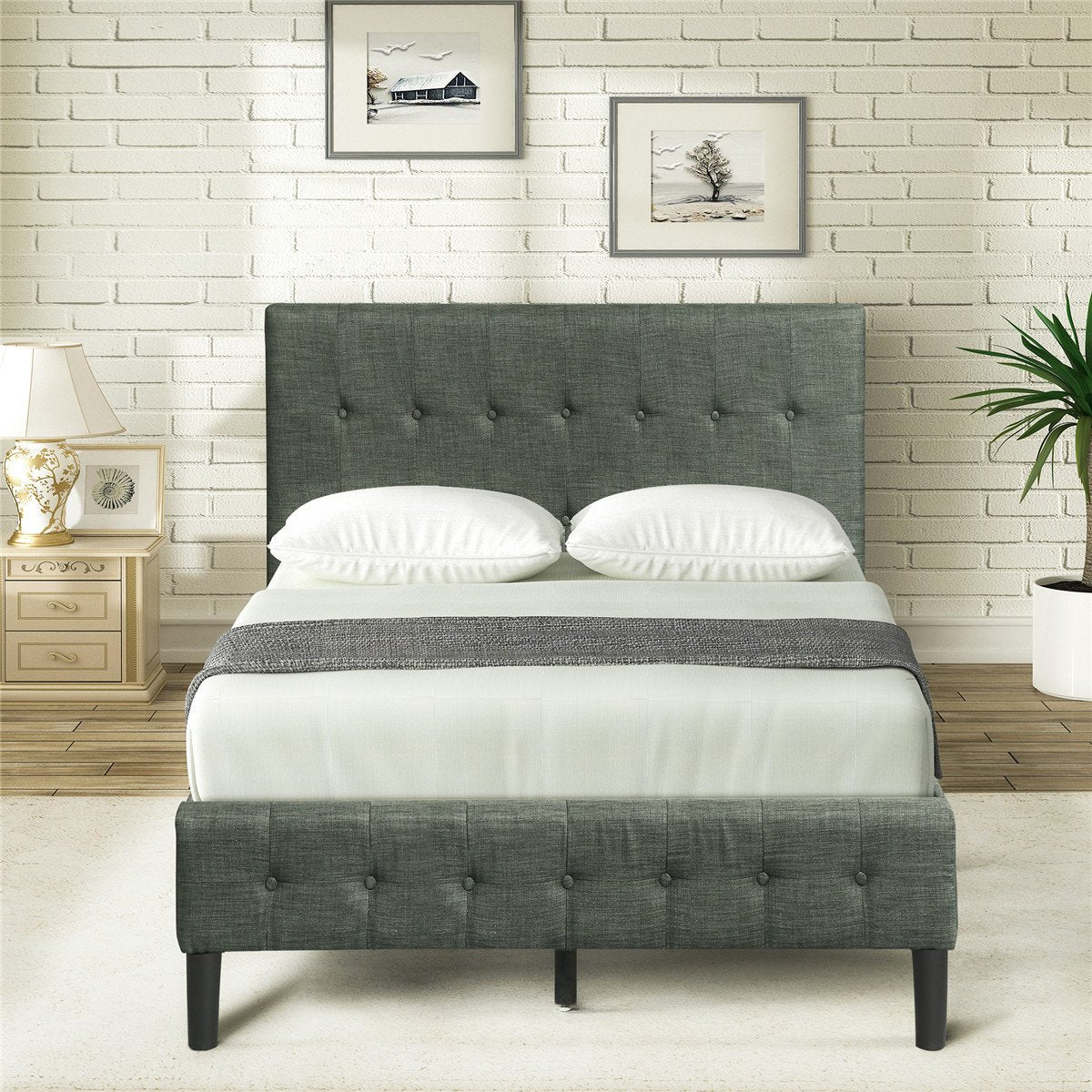 Upholstered Platform Bed with Wooden Slat Support and Tufted Headboard and Footboard