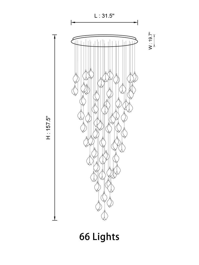 Front view of the 66-light Bloom Chandelier in ellipse style, showcasing its radiant porcelain petals and gold accents.