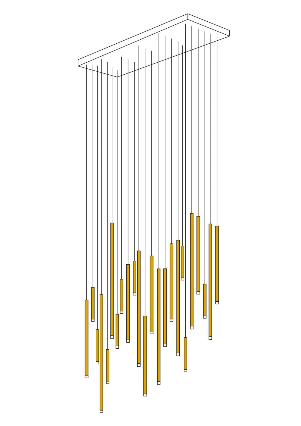 A chandelier with gold-colored tubes and transparent glass tips emitting a warm white light, suspended from a dark ceiling.