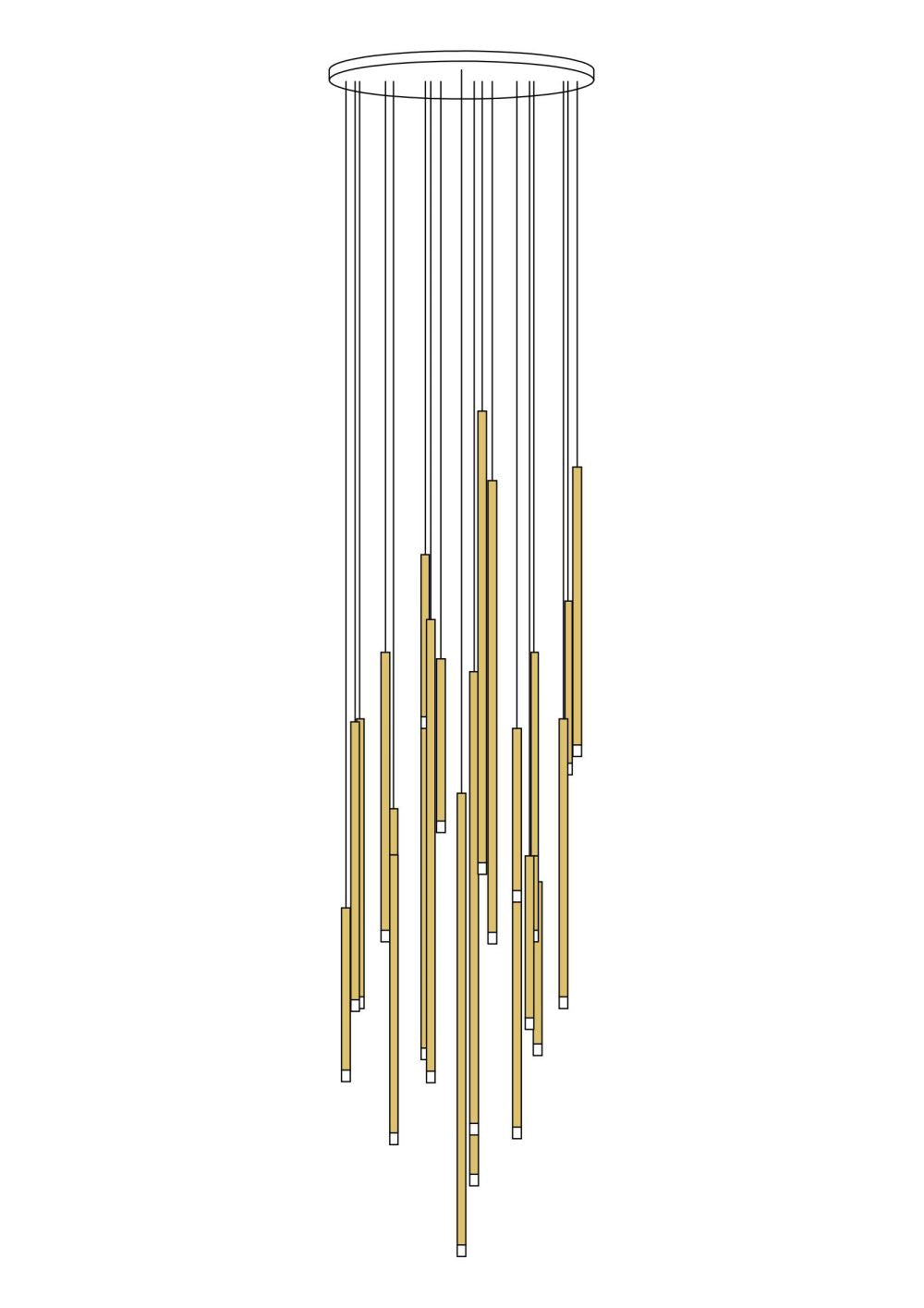 A chandelier with gold-colored tubes and transparent glass tips emitting a warm white light, suspended from a dark ceiling.