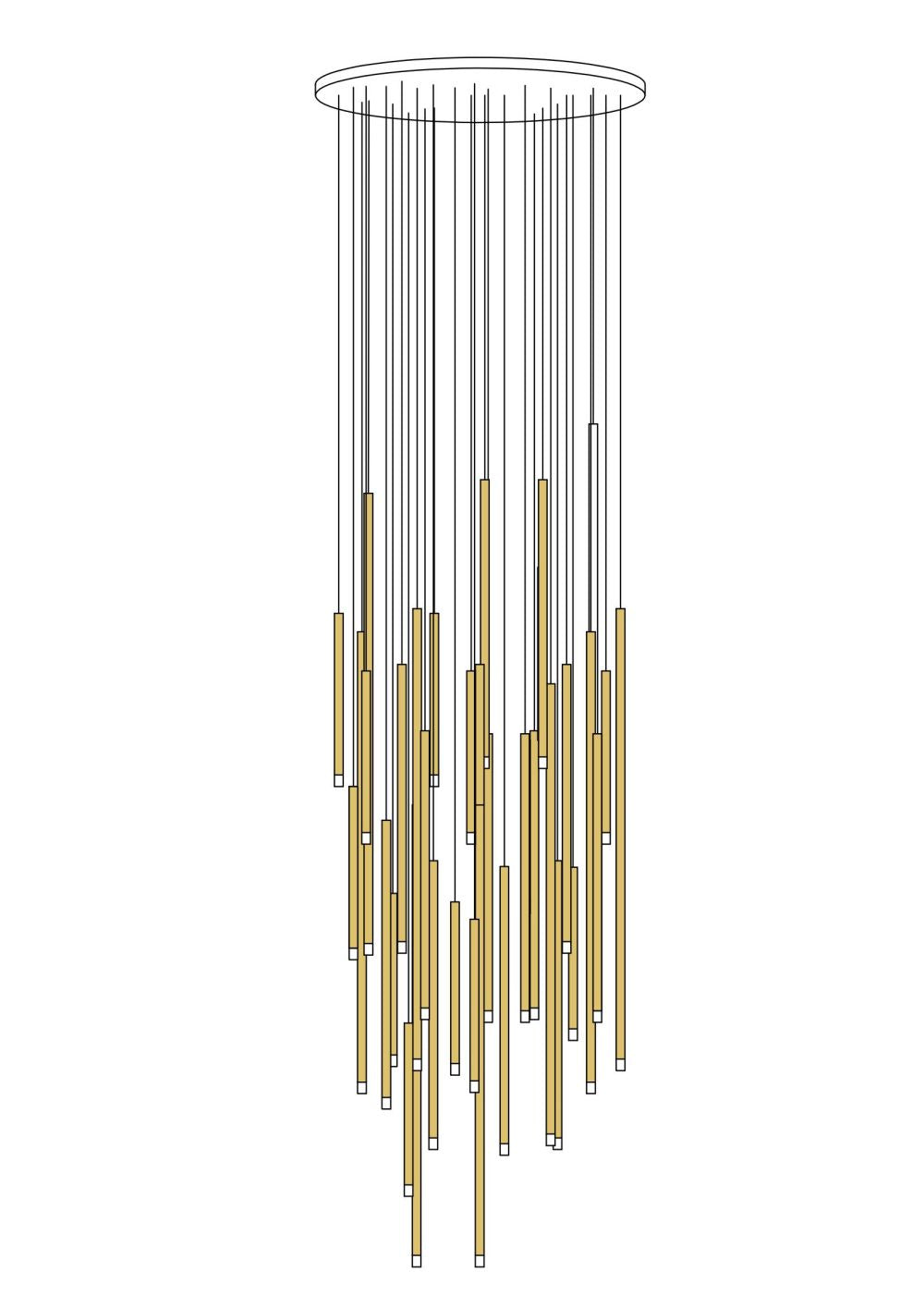 A chandelier with gold-colored tubes and transparent glass tips emitting a warm white light, suspended from a dark ceiling.