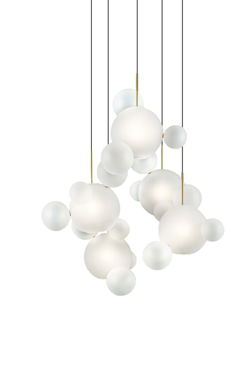 Close-up of hand-blown frosted glass bubbles, highlighting their light-diffusing elegance.