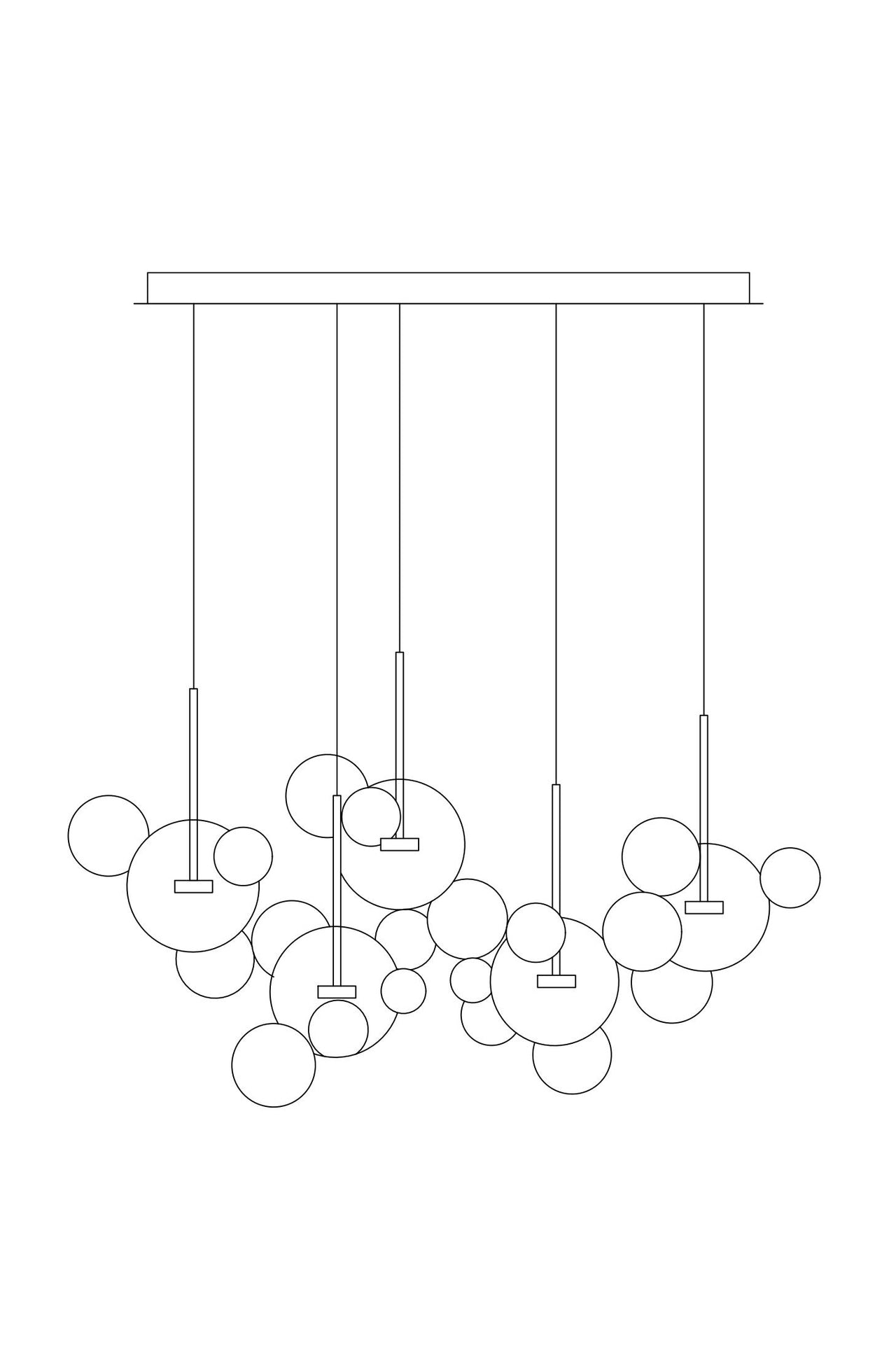 Side view of the 25-bubble chandelier in rectangle style, emphasizing adjustable cables and ethereal glow.
