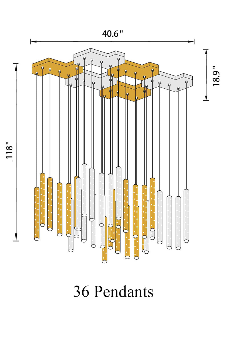 Side angle of the 36-light chandelier, chrome and gold cylinders, revealing intricate lights diffusion.