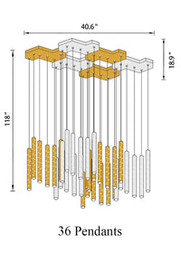 Thumbnail for Side angle of the 36-light chandelier, chrome and gold cylinders, revealing intricate lights diffusion.