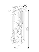 Top view of the 36-pendant chandelier with rectangular chrome canopy, revealing its expansive design.