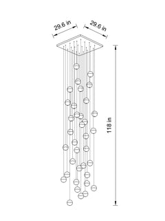Side angle of the 36-pendant chandelier with square chrome canopy, highlighting its ethereal glow.