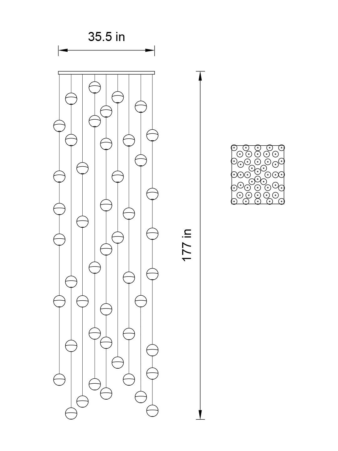 Side view of the 46-pendant chandelier with square chrome canopy, highlighting its impressive height.