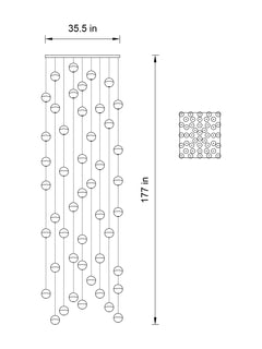 Side view of the 46-pendant chandelier with square chrome canopy, highlighting its impressive height.