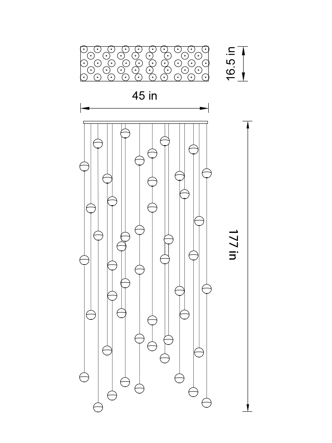 Top view of the 46-pendant chandelier with rectangular chrome canopy, illustrating its symmetrical beauty.