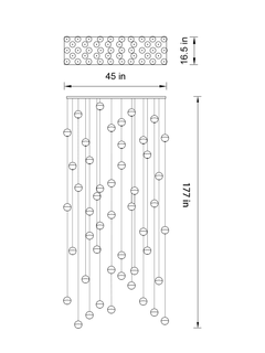 Top view of the 46-pendant chandelier with rectangular chrome canopy, illustrating its symmetrical beauty.
