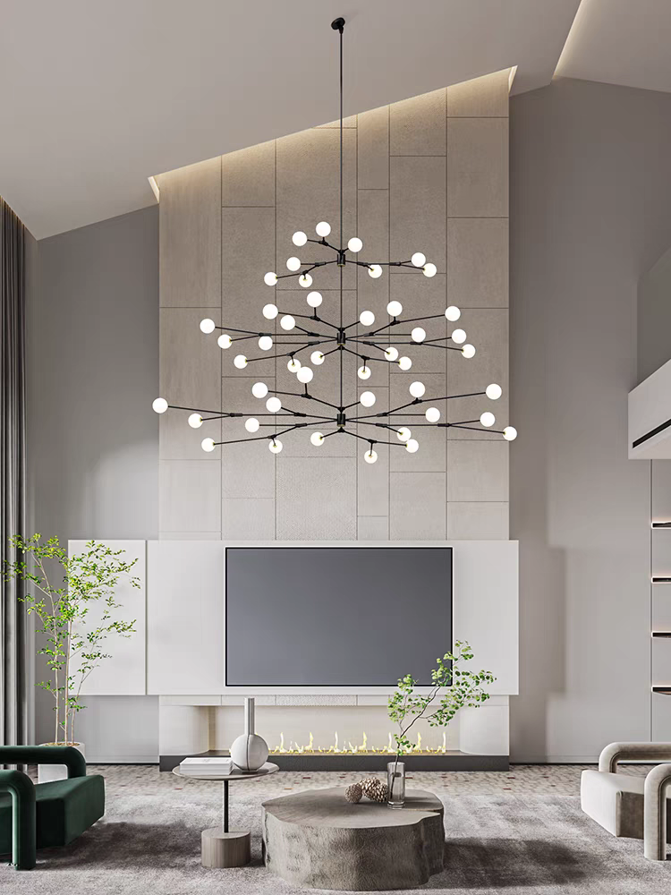 A side view highlights the 45-light Branches Chandelier’s height and warm LED glow.