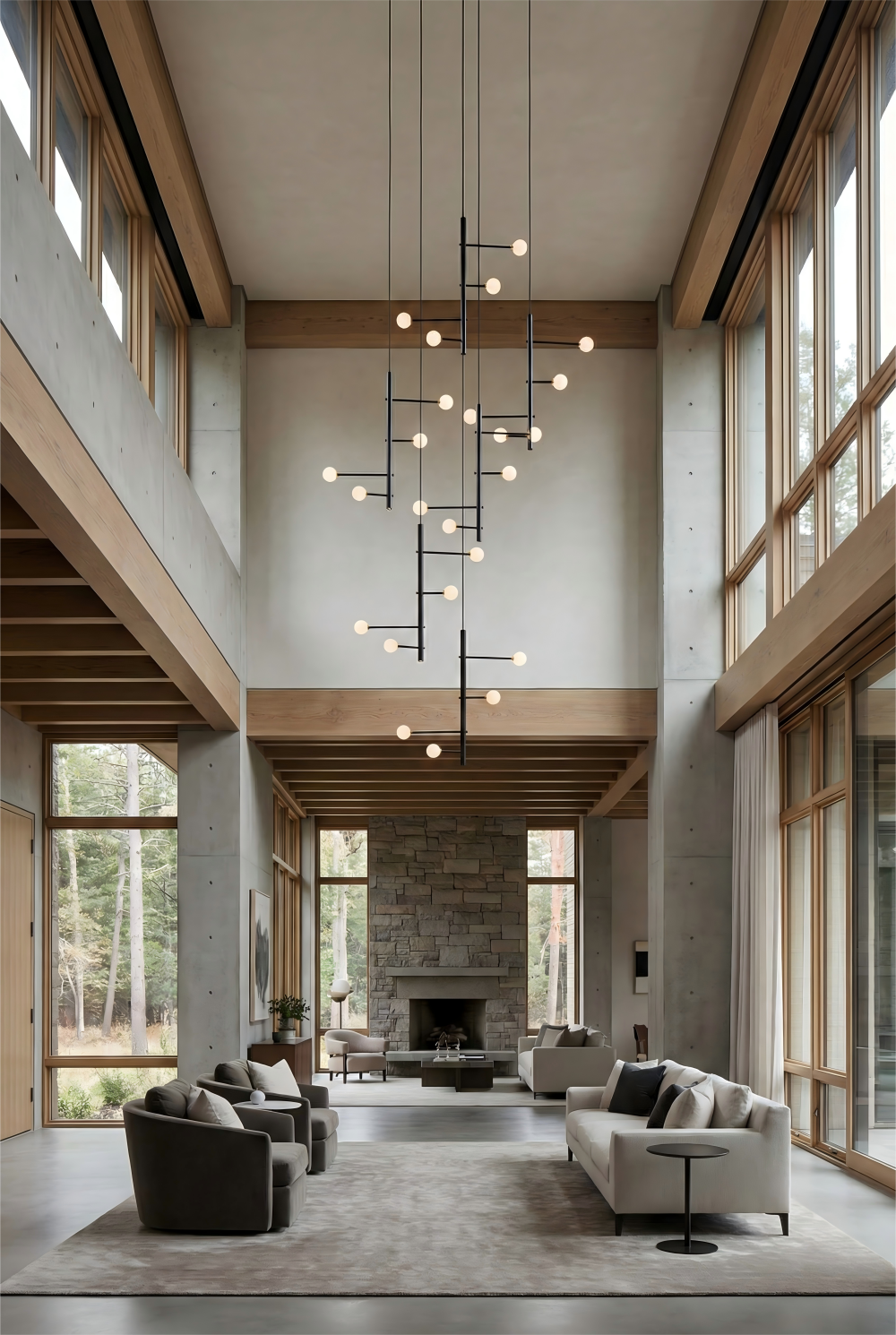 Modern living room with high ceilings, large windows, and a fireplace.