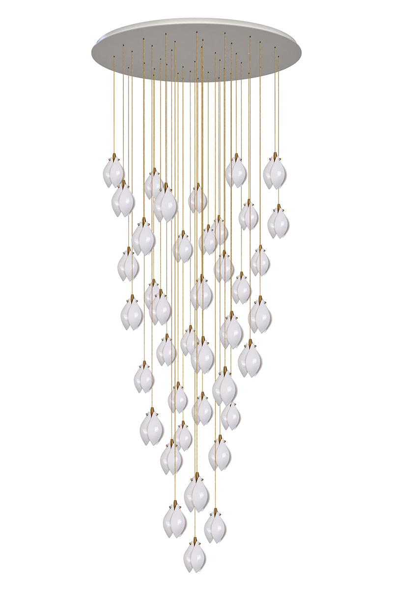 The Ethereal Bloom sculptural petal chandelier illuminated, showcasing its layered, translucent petal-like design and soft, diffused light.
