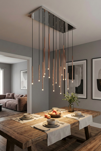 Thumbnail for Modern dining room with wooden table, decorative lighting, and gray walls.