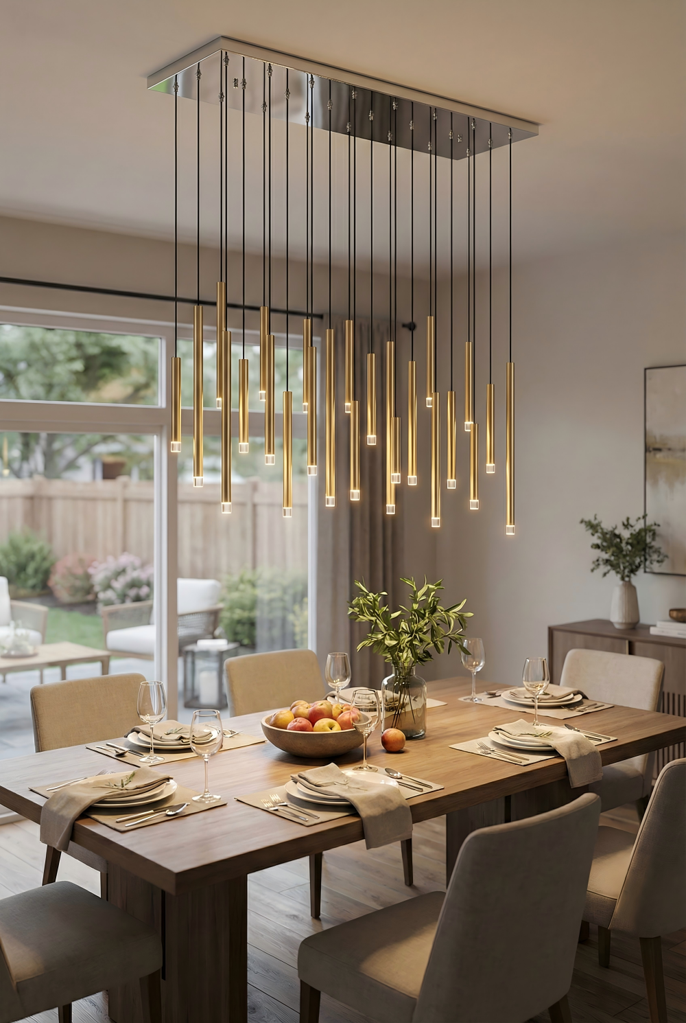 Dining room with a modern chandelier, wooden table, and chairs.