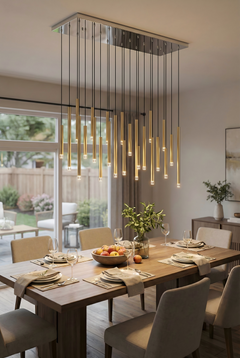 Dining room with a modern chandelier, wooden table, and chairs.