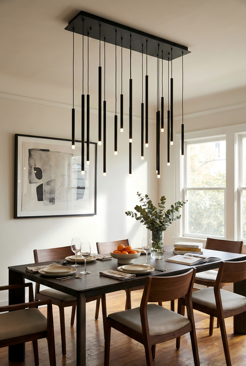 Dining room with modern black pendant light fixture, table set for dinner, and abstract art on the wall.