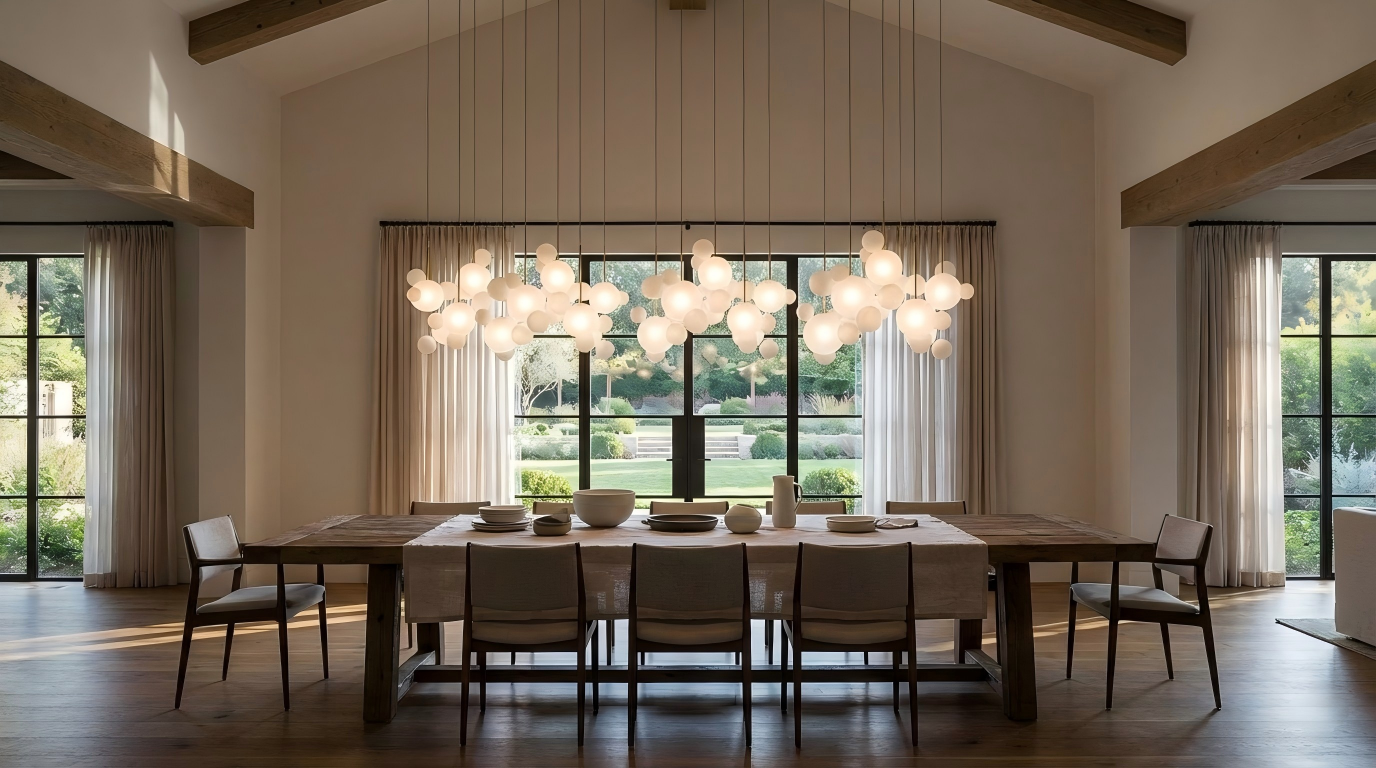 Modern dining room with a large chandelier, wooden table, and chairs.