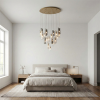 Thumbnail for Modern bedroom with a chandelier, bed, and side tables.