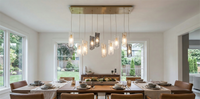Thumbnail for Modern dining room with a chandelier and set tables