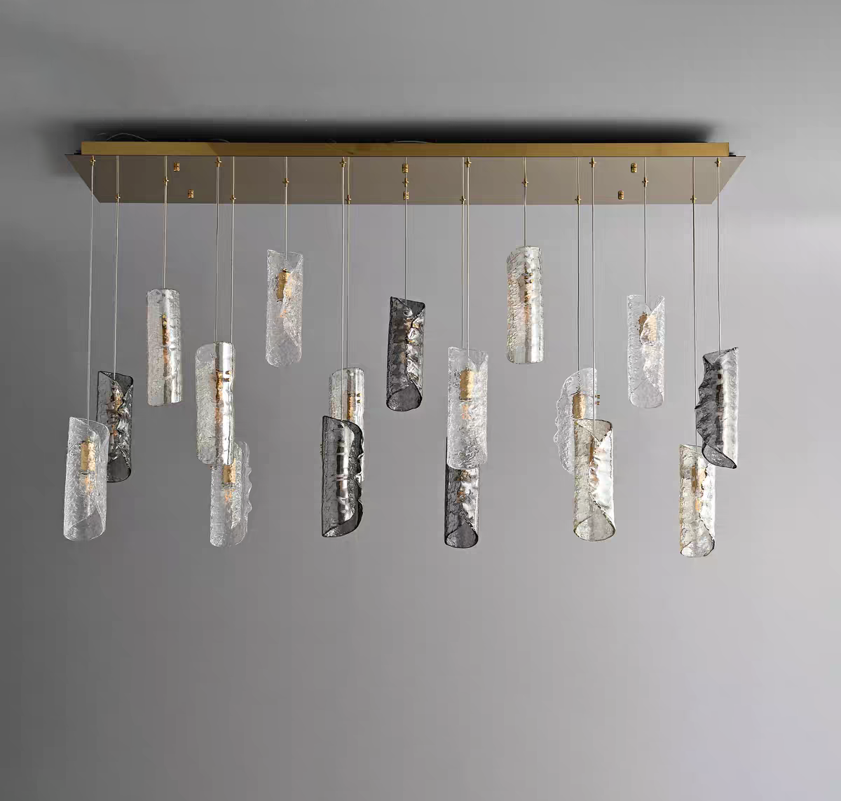 Overhead depiction of the 17-light Frosted Glass Chandelier, showing the broad rectangular canopy and light distribution.