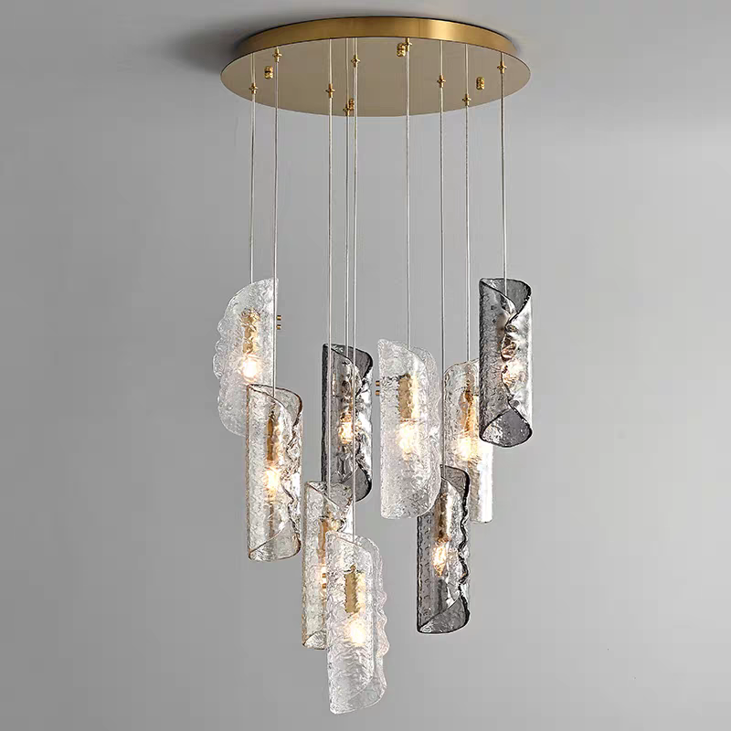 Front perspective of the 9-light Frosted Glass Chandelier with a circular canopy, displaying multiple tiers of hand-blown glass shades.