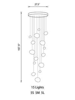 Side view of the 15-pendant configuration, highlighting its impressive scale and adjustable height.
