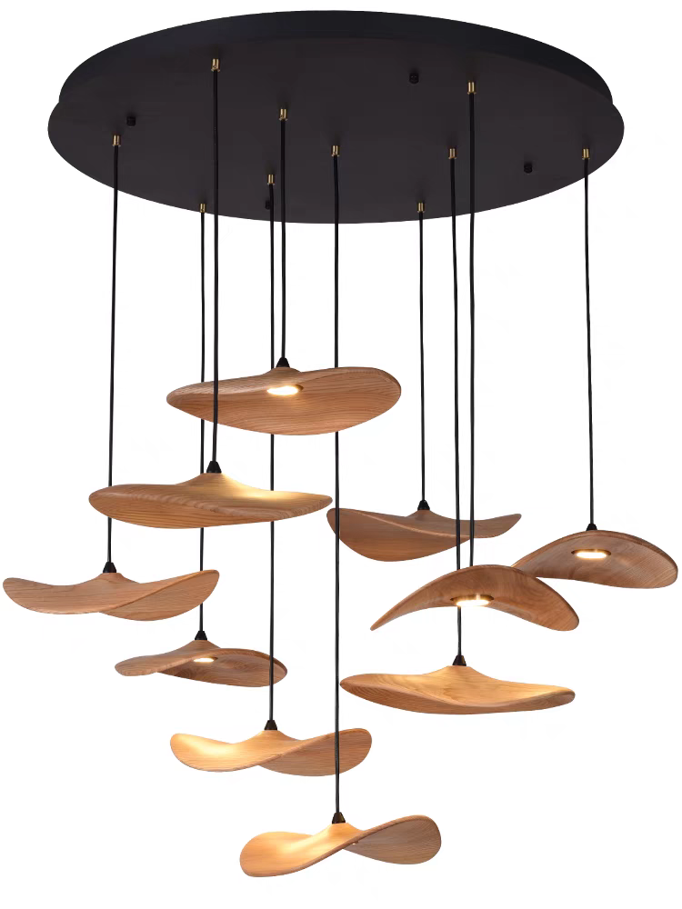 A side view of the 10-light Wooden Shade Chandelier emphasizes its modern form and height.