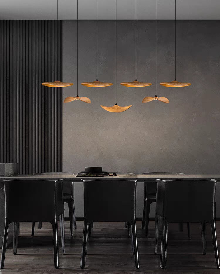 In a lifestyle setting, the Wooden Shade Chandelier graces a modern dining room with a warm, inviting light.