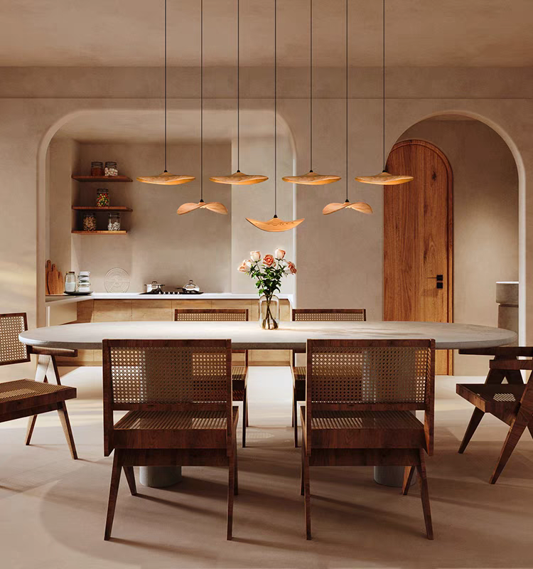 Lifestyle view of the wooden shade chandelier illuminating a contemporary dining area with warmth.