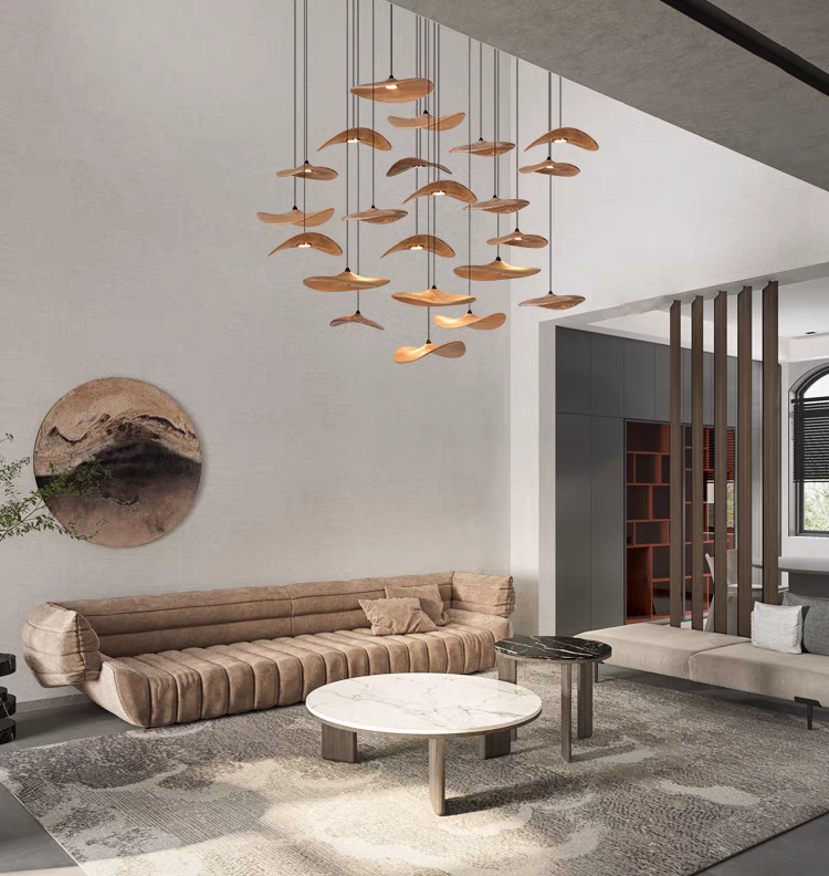 The 22-light Wooden Shade Chandelier, seen from the front, delivers maximum illumination with elegant design.