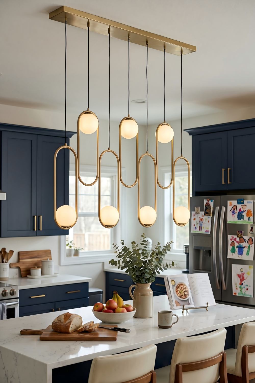 Modern minimalist chandelier above a marble kitchen island with deep navy blue shaker cabinets and stainless appliances