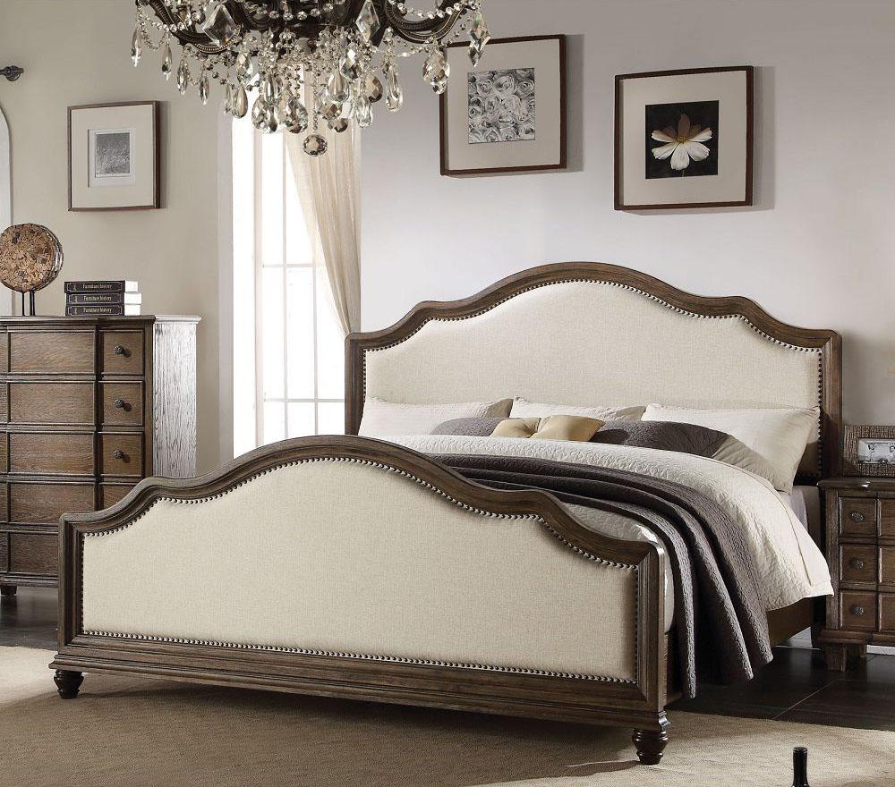 Baudouin Queen Bed in Beige Linen | Weathered Oak
