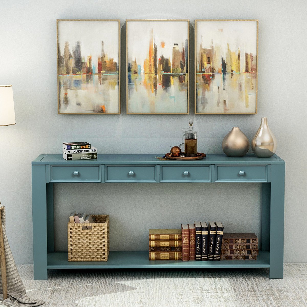 Console Table for Entryway Hallway Sofa Table with Storage Drawers and Bottom Shelf Dark Blue