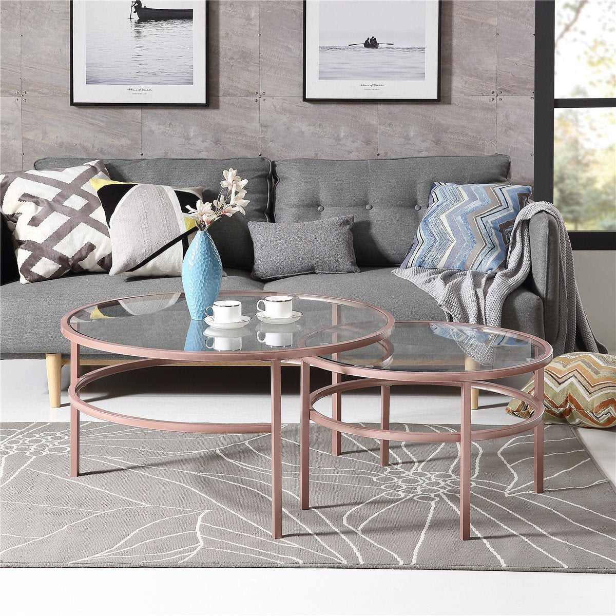 Crest Nesting Round 2 Piece Coffee Table Set | Elegant mid-century modern design | Glass
