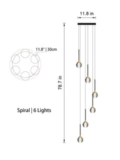 Side angle of the 6-light chandelier in spiral style, highlighting its adjustable cables and warm LED glow.