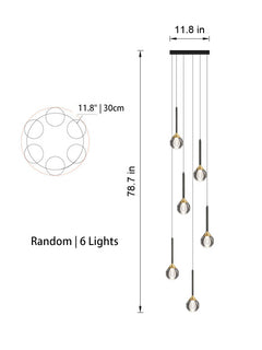 Front view of the 6-light Sculptural Crystal Pendant Light in random style, showcasing its elegant crystal globes.