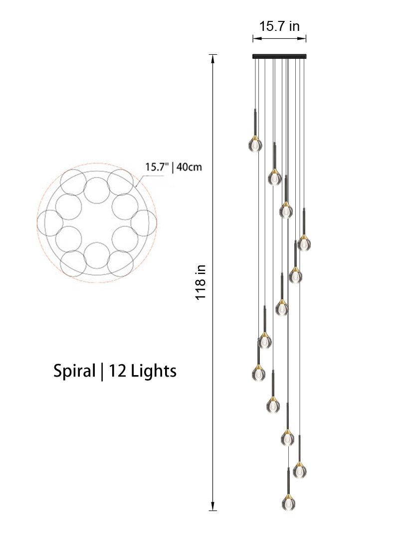 Side angle of the 12-light chandelier in spiral style, emphasizing its grandeur and adjustable height.