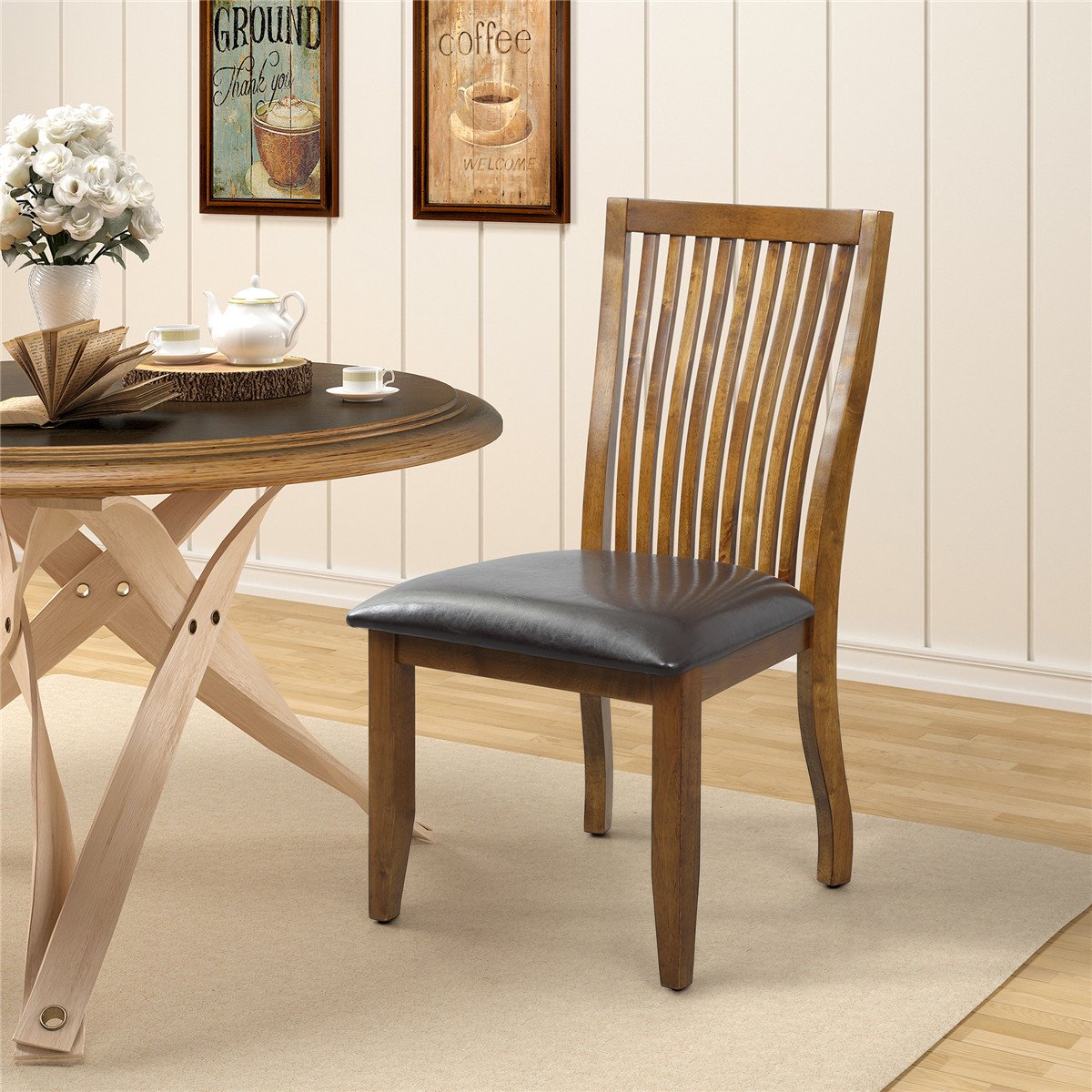 Dining Chair, Wood Cushion Chair, Rustic Chair, Solid Wood and Leather Chair,  Oak Chair, Wooden Chair. 