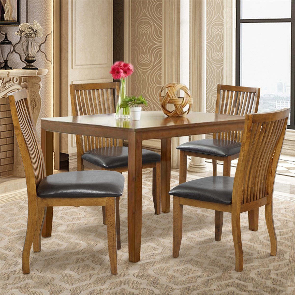 Dining Chair Set with PU Covered Cushion and Solid Wood Legs | Set of 4 | Chairs Only