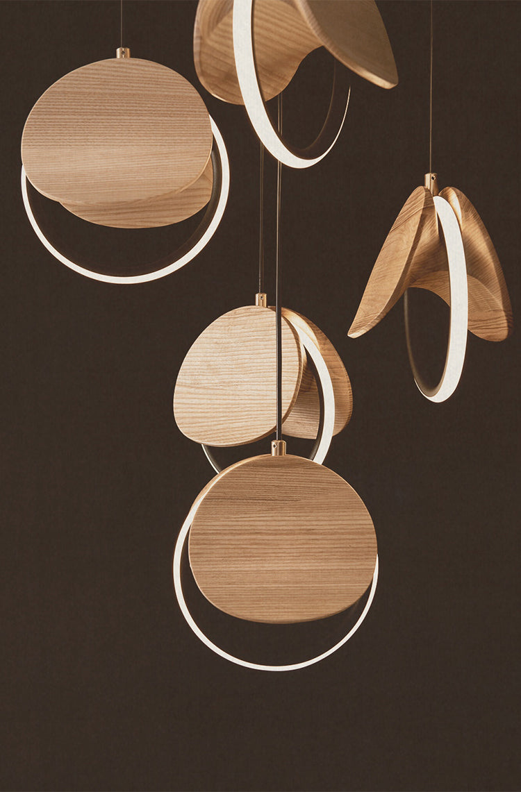 Double Moon Pendant Light | Wood & Brass LED | Aurorae