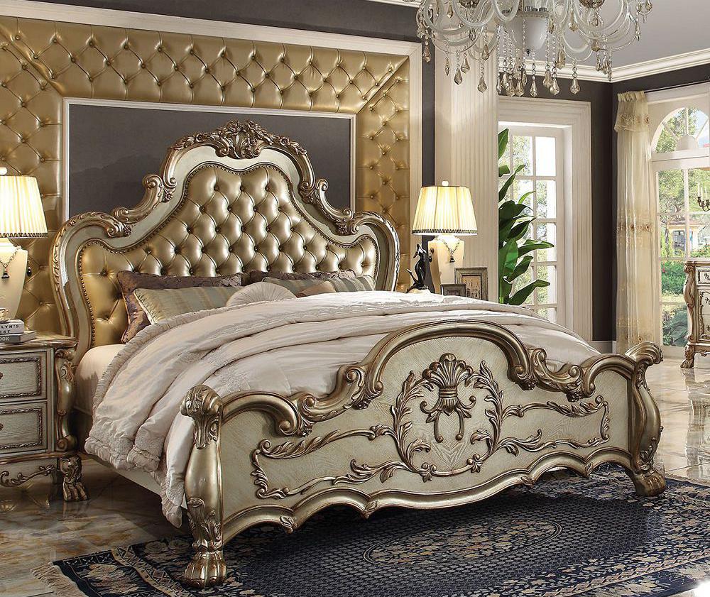 Dresden Queen Bed in Bone PU | Gold Patina