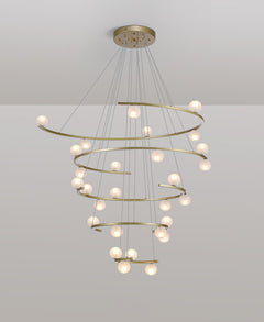 Front view of the 28-light Eternity LED Chandelier with gold canopy, showcasing its tiered glass globes.