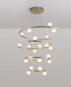 Side angle of the 22-light chandelier, highlighting adjustable cables and warm LED glow.