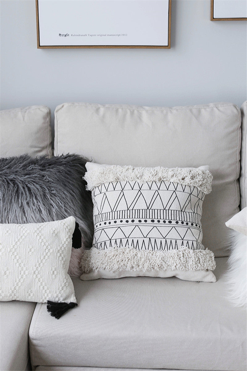 Geometric Tufted Fringed Pillow Case