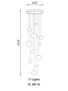 Front view of the 11-pendant setup, showcasing its grandeur and coordinated light distribution.