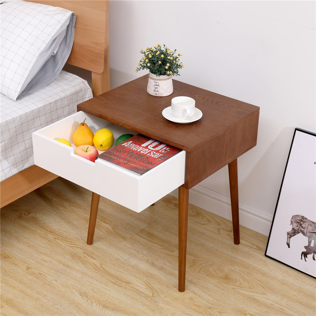 Light Fraxinus Mandshurica | White Side End Table Nightstand with Drawer