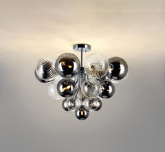 Front view of the 19-light Magic Glass Chandelier with ceiling mount, showcasing its elegant hand-blown glass design and chrome finish.